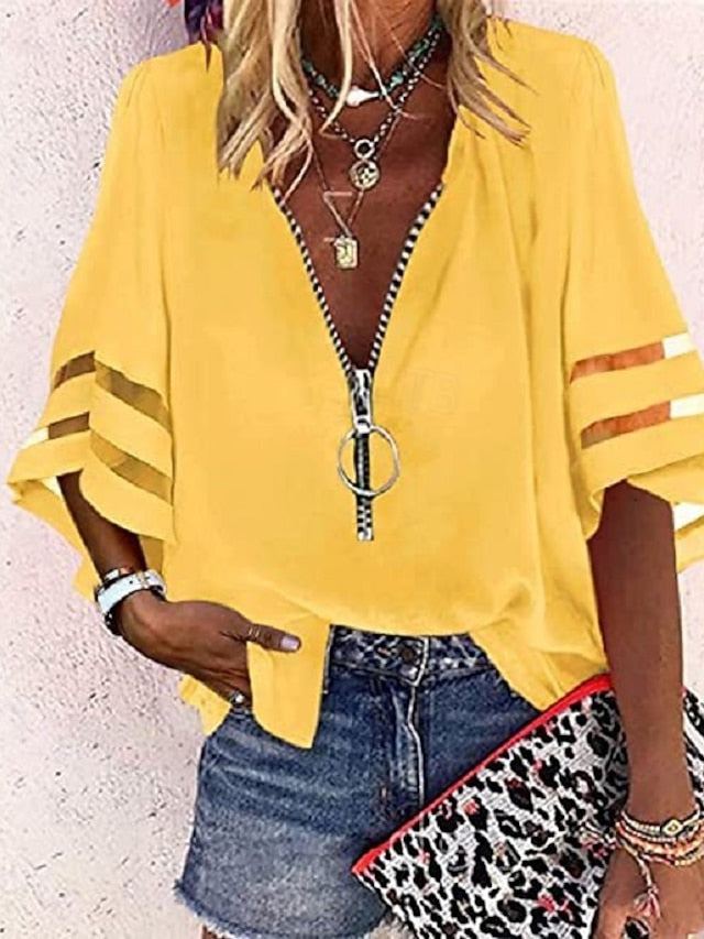 Women's Shirt Blouse Black White Yellow Plain Striped