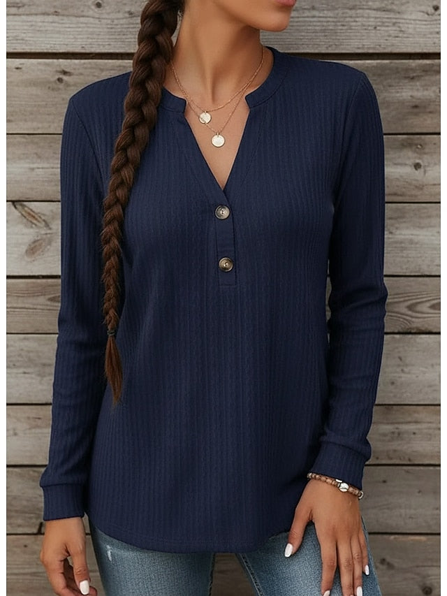 Women's T Shirt Tee Top Buttons Solid Color Elegant Fashion