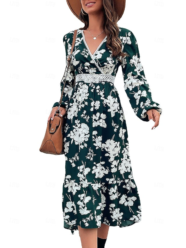 Women's Floral Lace Print V Neck Long Dress Maxi Dress Long