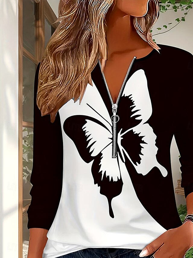 Women's T Shirt Zipper Print Graphic Color Block Butterfly
