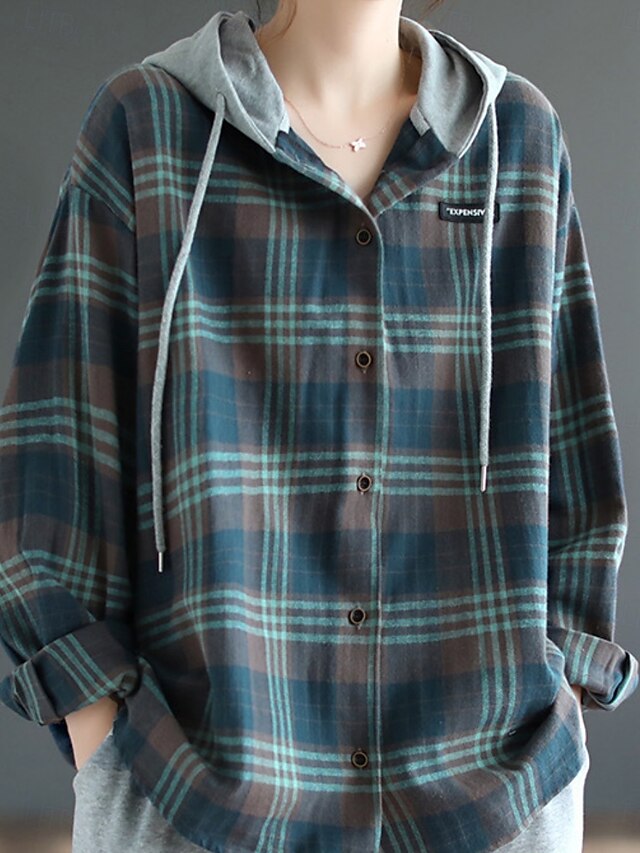 Women's Blouse Buttons Print Plaid Stylish Casual Long