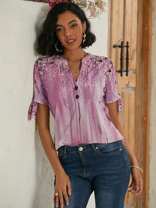 Women's T shirt Tee Graphic Print V Neck Tie Short Sleeve