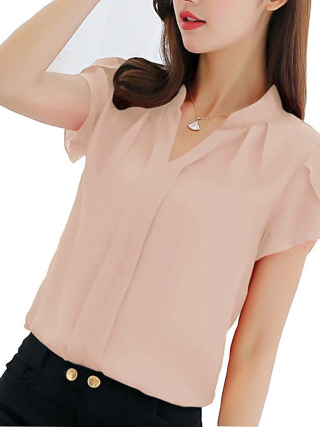 Women's Shirt Blouse White Pink Red Plain Short Sleeve Work