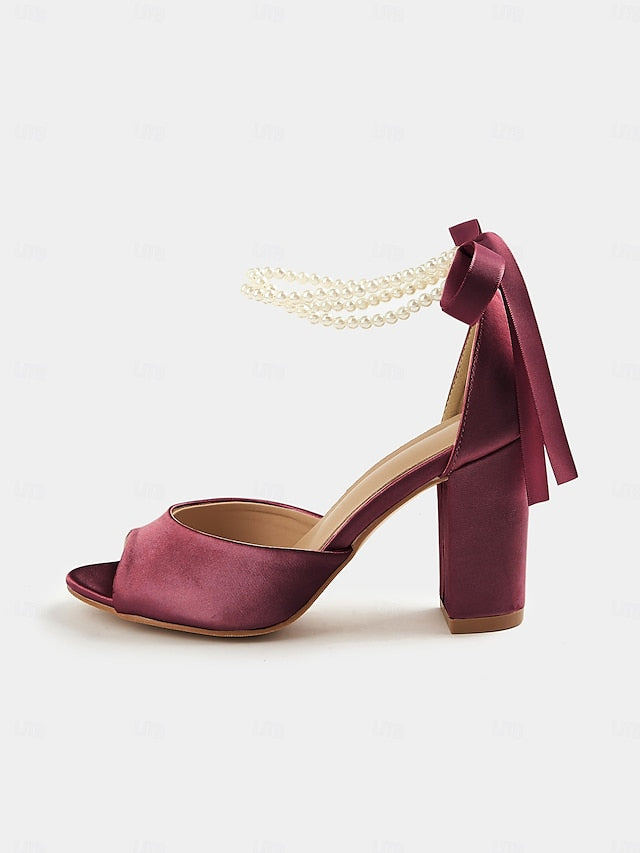 Block Ankle Peep-Toe Satin Pearl Heel Sandals Women's with