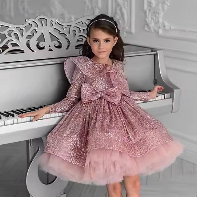 Kids Long Dress Color Party Sleeve Performance Girls' Solid