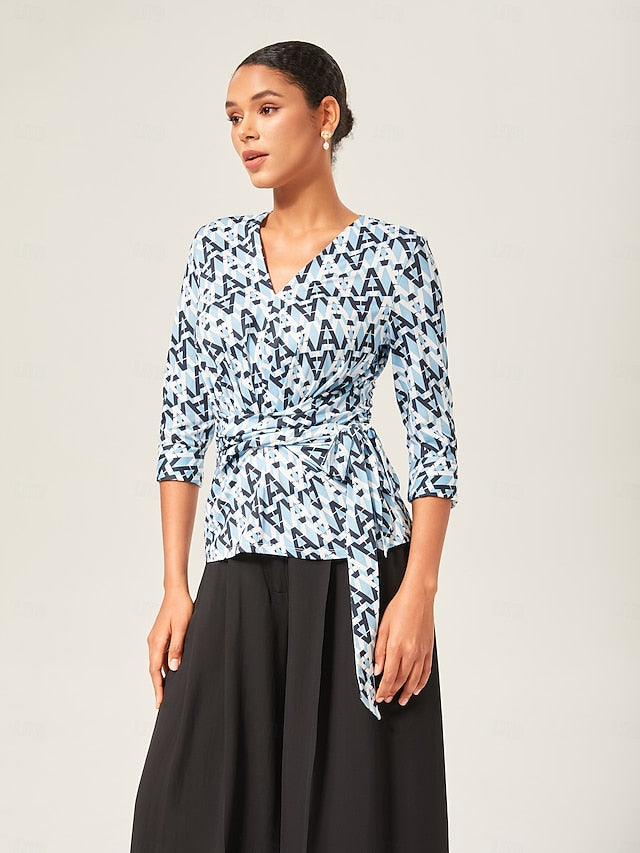 Stretch Geometric Print Waist-Tie Top