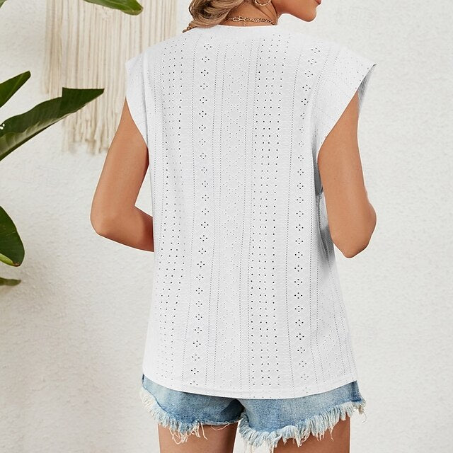 Women's Texture Blouse Eyelet Top Pointelle Tee Tank Top