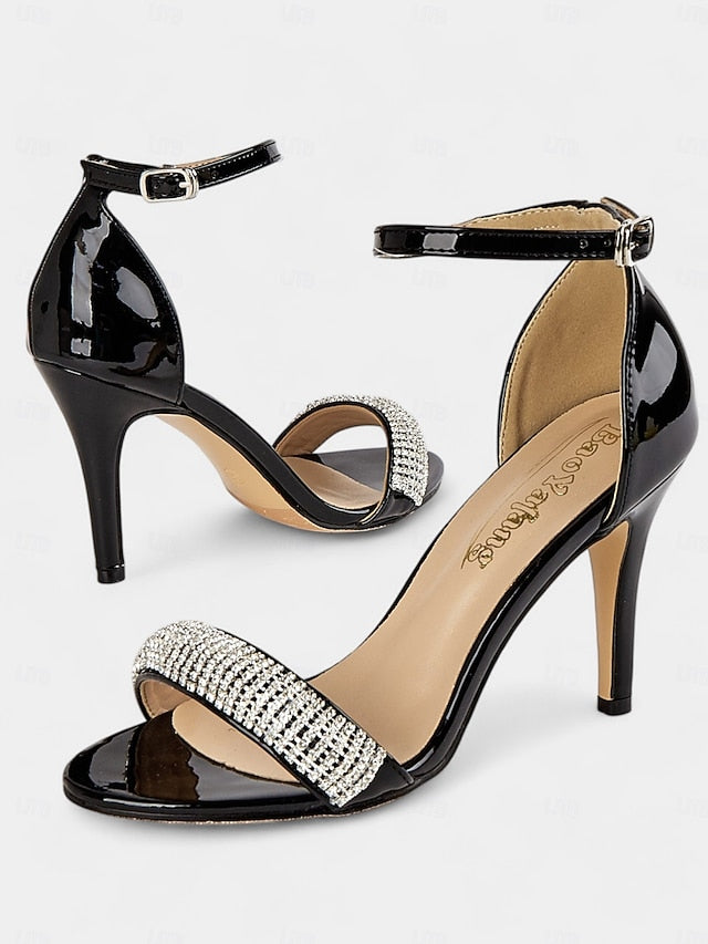 Leather Rhinestone Sandals Heel Patent Black High with