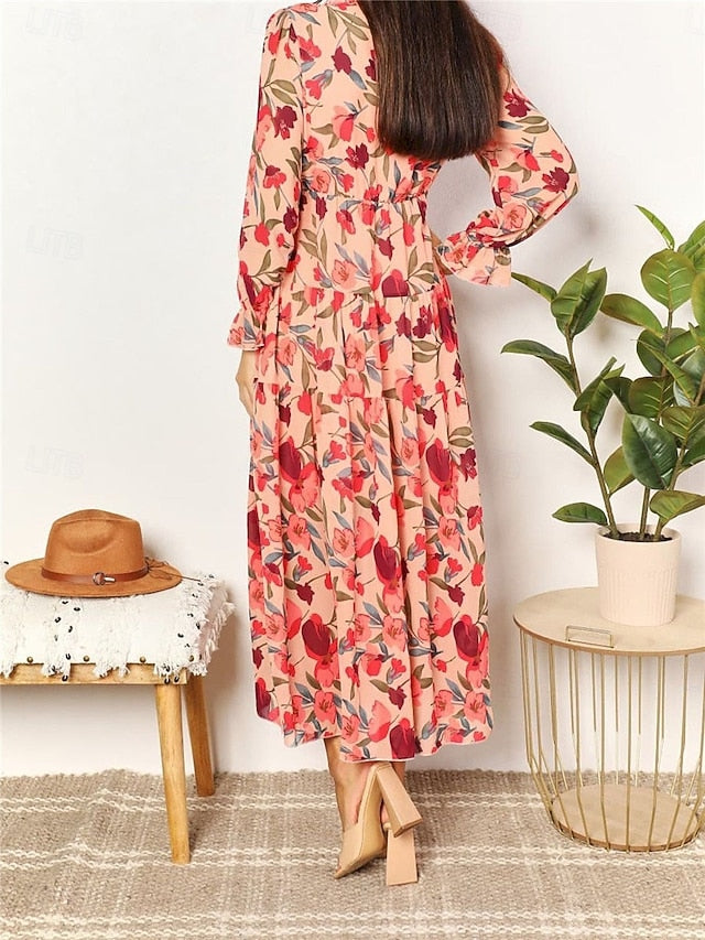 Women's Floral V Neck Maxi Dress Long Sleeve Spring Fall