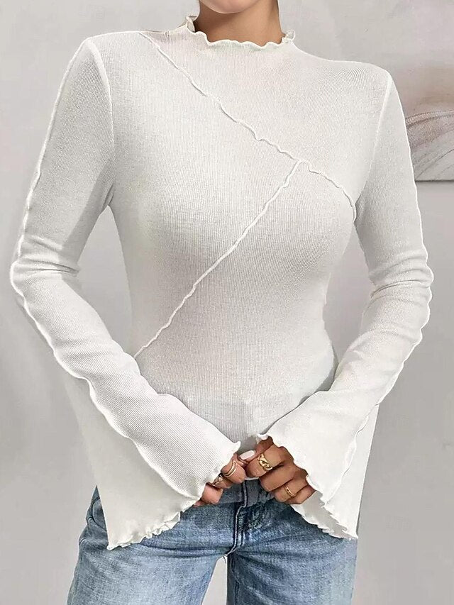 Women's Ribbed Knit Tops T Shirt Slim fit top Ruffle