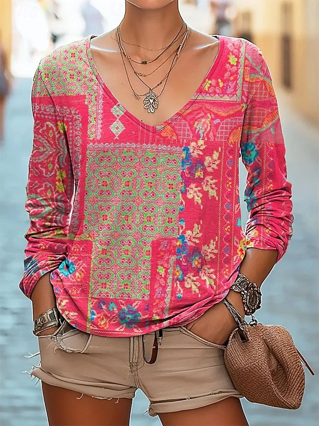 Women's Blouse Print Floral Bohemia Daily Long Sleeve V