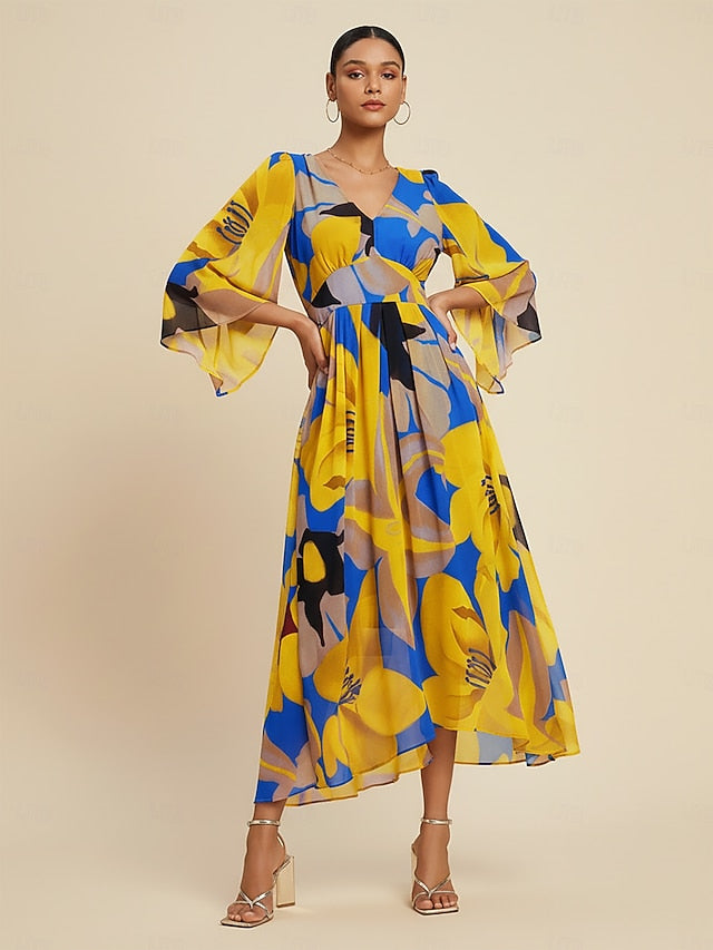 Women's Maxi Dress Chiffon Abstract Floral Print Sheer
