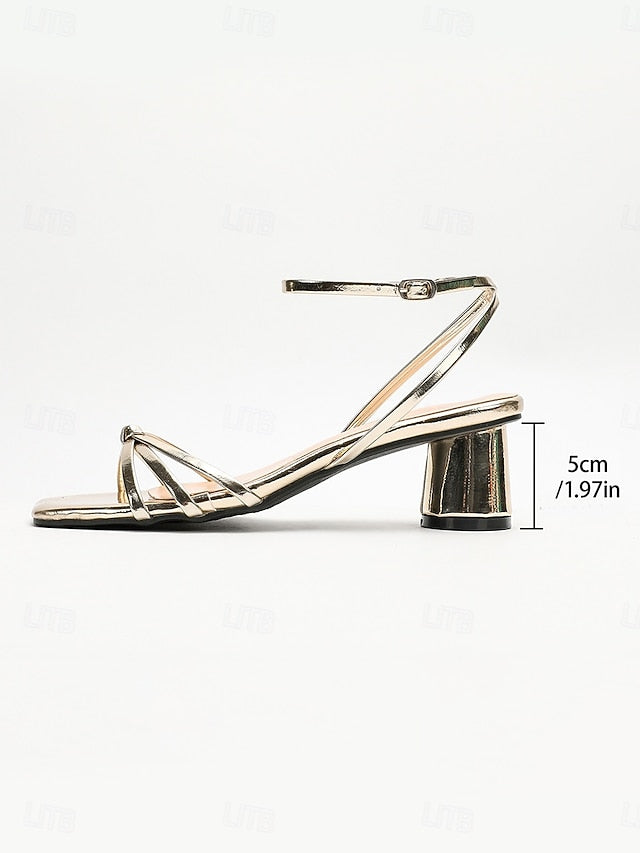 Ankle Gold Strap – Heels Metallic Shiny Block Women's