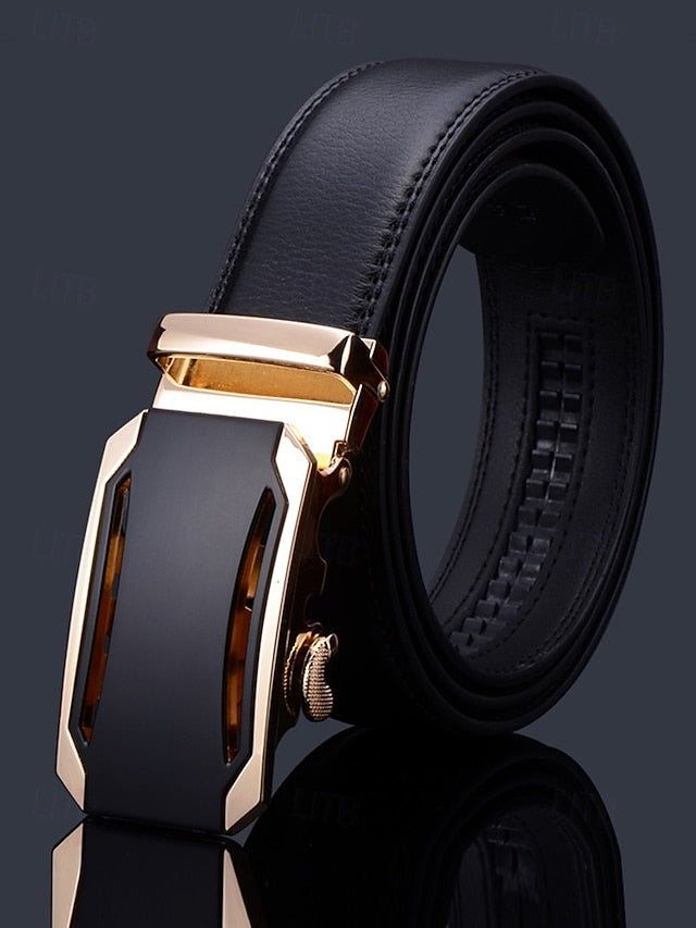 Adjustable Leather Belt Black Metal Men's with Elegant