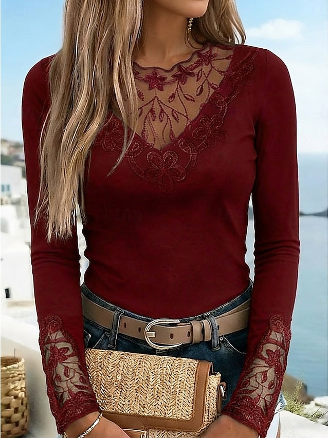 Women's T Shirt Burgundy Tee Mesh Patchwork Top Lace