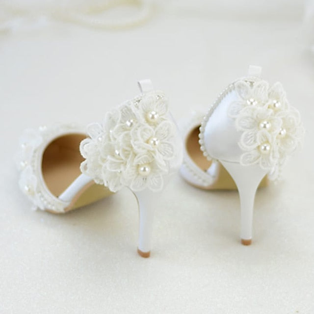 Women's White Lace Floral with Platform Wedding Heels