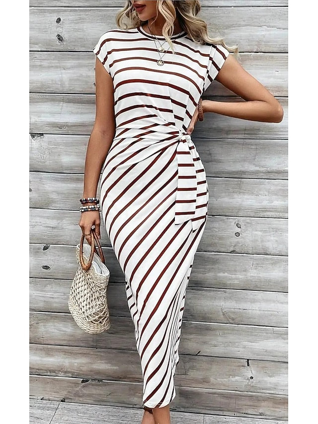 Women's Sheath Dress Stripe Knotted Crew Neck Cap Sleeve