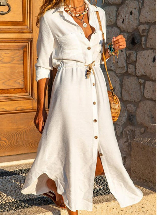 Women's White Dress Shirt Dress Boho Chic Dresses Maxi long