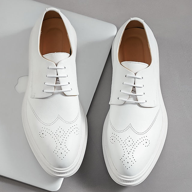 White Perforated Oxford Shoes Faux with Leather Men's