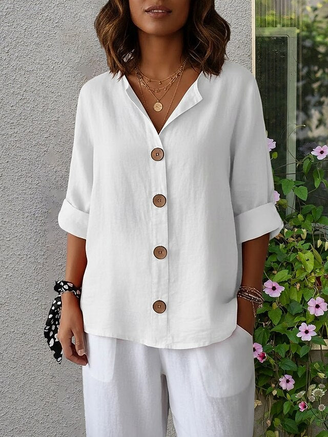 Women's Blouse 100% Cotton Solid Color Basic Casual 3/4