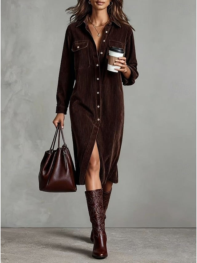 Women's Corduroy Midi Dress Shift Dress Casual Boho Office