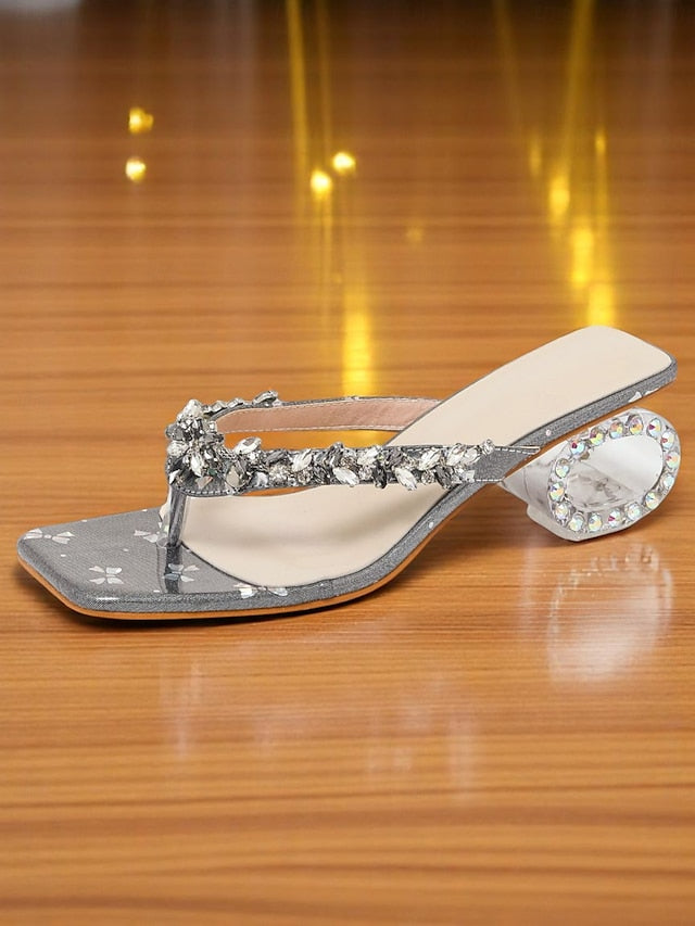 Silver Women's Open Heels Sparkly - Sandals Rhinestone Toe
