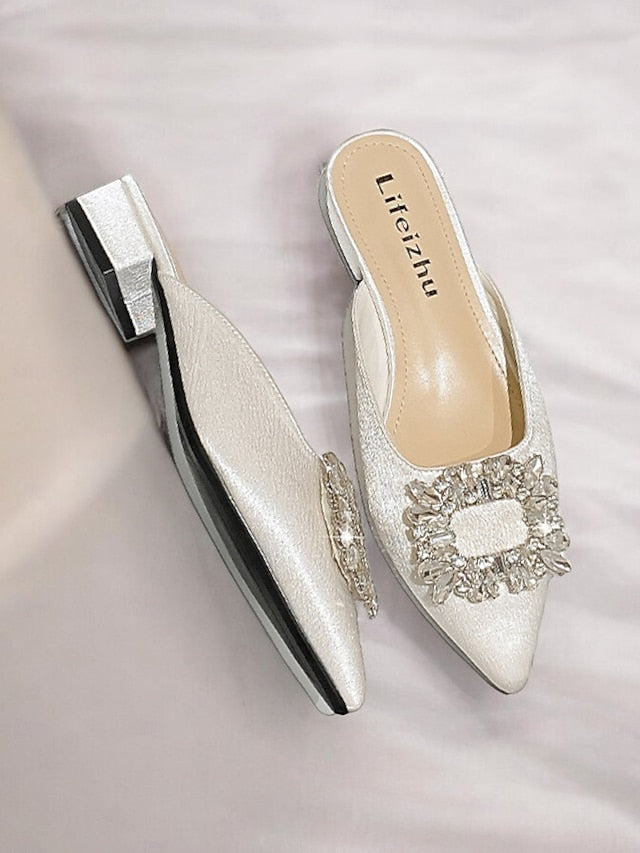 Black with Satin Rhinestone Mules Pointed-Toe Women's