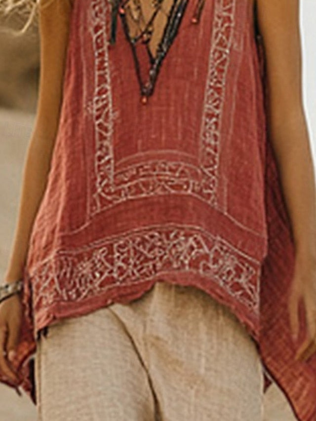 Women's Boho Shirt Blouse Faux Cotton Linen Flower Modern