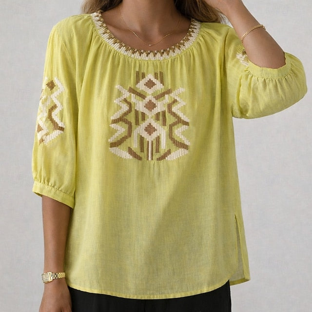 Women's Boho T-shirt Cotton Linen T Shirt Embroidered