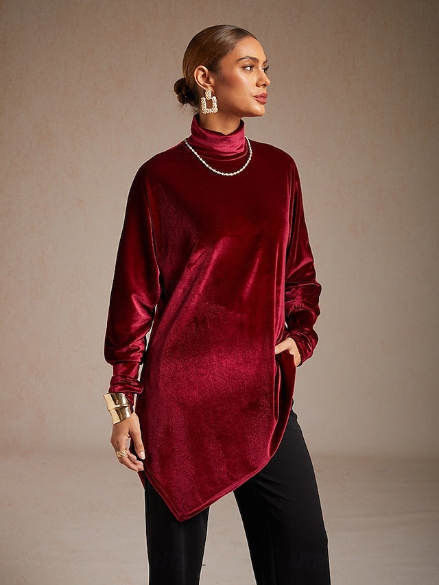 Christmas Women's Velvet Dressy Tops Asymmetric Elegant