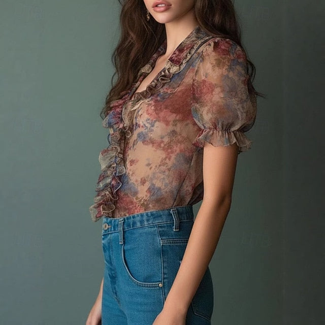Women's Shirt Boho Shirt Blouse Ruffle Shirt Ruffle Floral