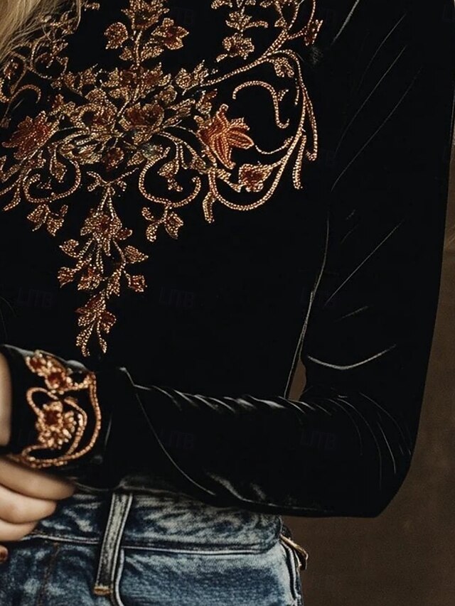 Women's Velvet Blouse Embroidered Floral Stylish Basic