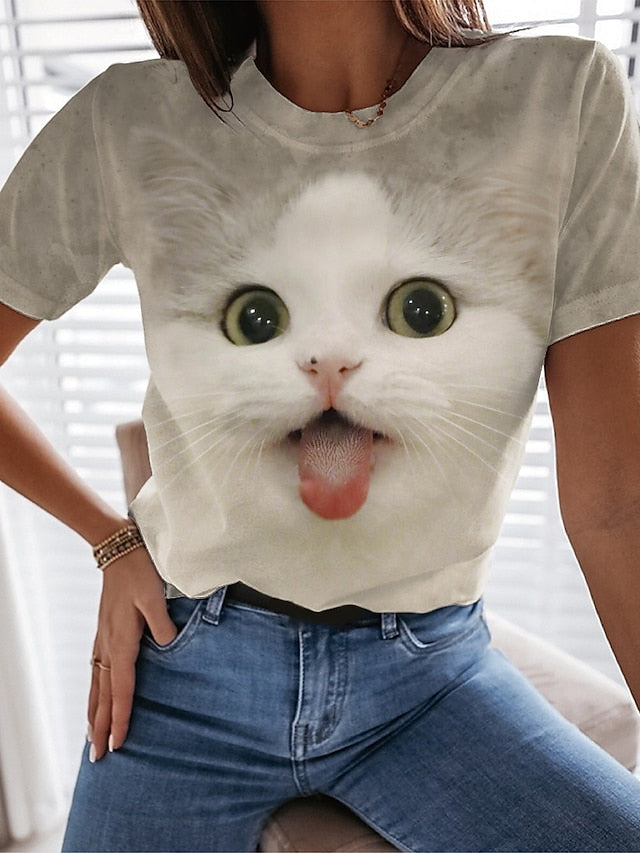 Women's T Shirt Print Animal Cat 3D Basic Short Sleeve