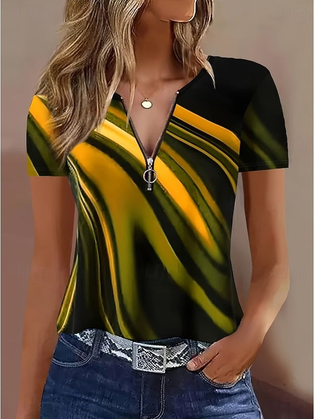 Women's T Shirt Color Block Quarter Zip Graphic Geometric