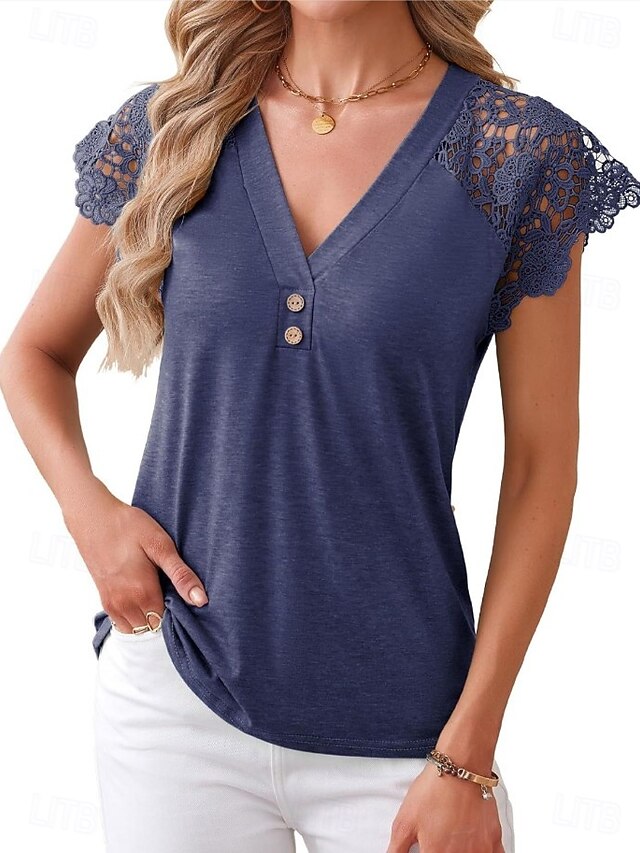 Women's Blouse Lace Tops Lace Patchwork Solid Color Elegant