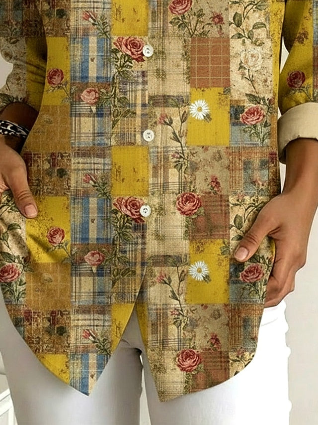 Women's Shirt Patchwork Buttons Print Floral Plaid Elegant