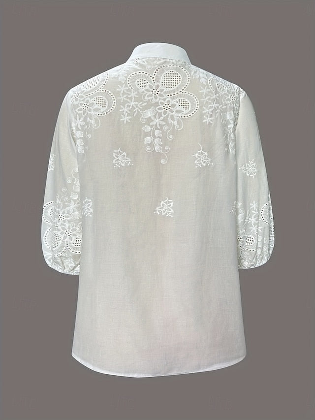 Women's Blouse Embroidered Buttons Solid Color Elegant