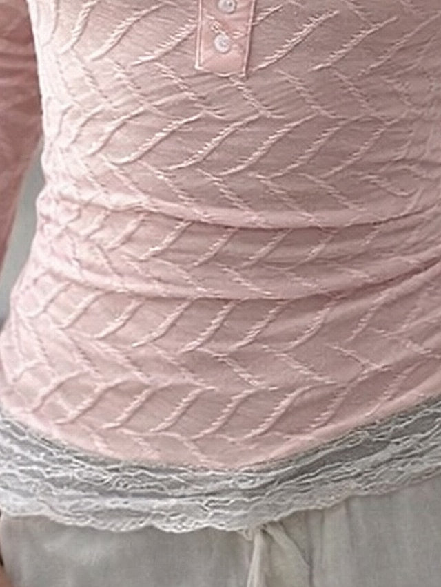 Women's Blouse Lace Patchwork Buttons Solid Color Stylish
