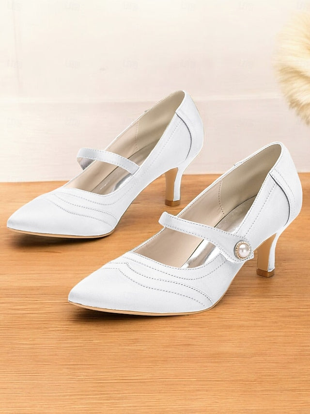 Jane Button Satin - with Heels Pearl Green Mary Elegant