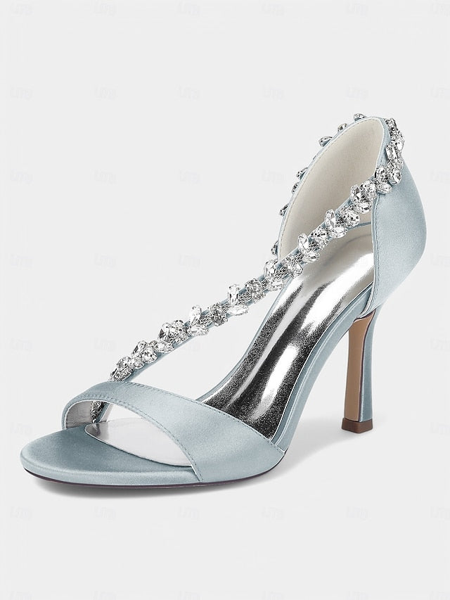 – Satin Champagne Crystal High Women's Heels T-Strap with