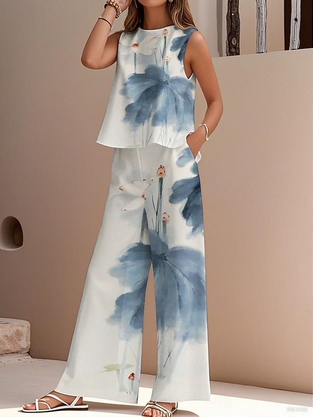 Women's Pants Sets Faux Cotton Linen Sleeveless Crew Neck