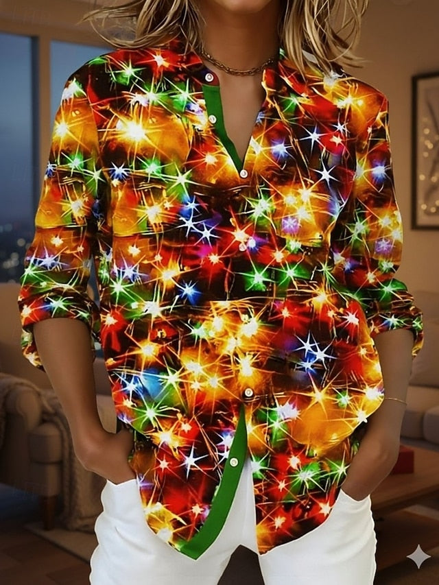New Year Women's Shirt Blouse Patchwork Buttons Print