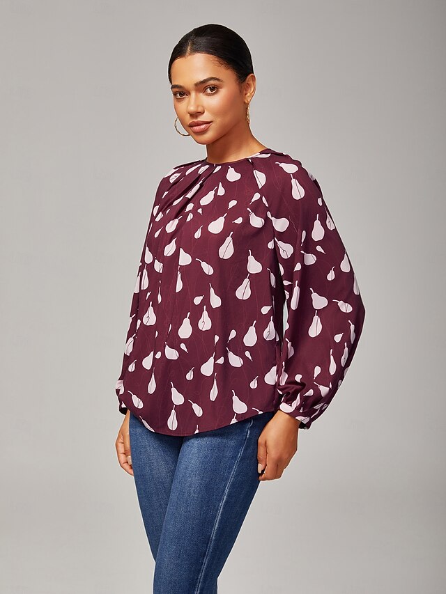 Women's Top Casual Loose Fit Pear Print Long Sleeve Wine