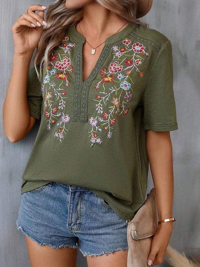 Women's Shirt Blouse Embroidered Floral Stylish Casual