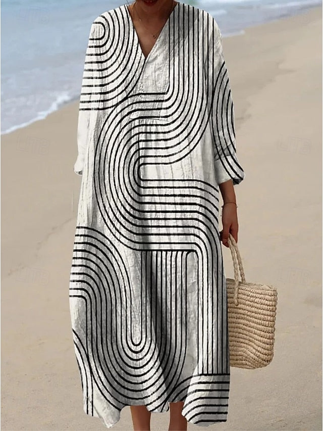 Women's Midi Dress V Neck Long Sleeve Kaftan Lightweight