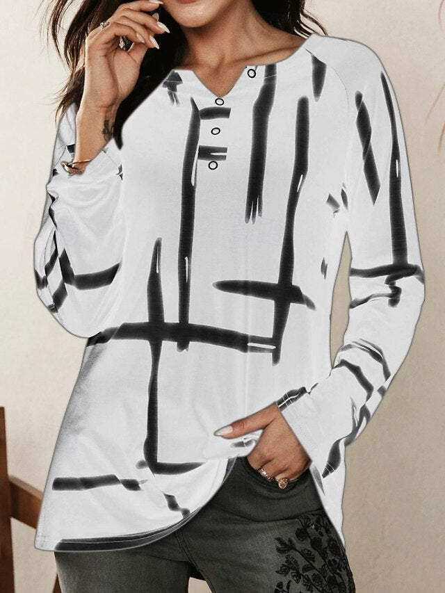 Women's T Shirt Buttons Plaid Basic Long Sleeve Flutter