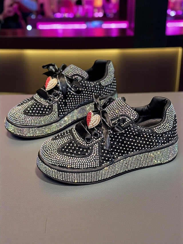 Women's Ribbon Laces Sneakers with White Satin Rhinestone