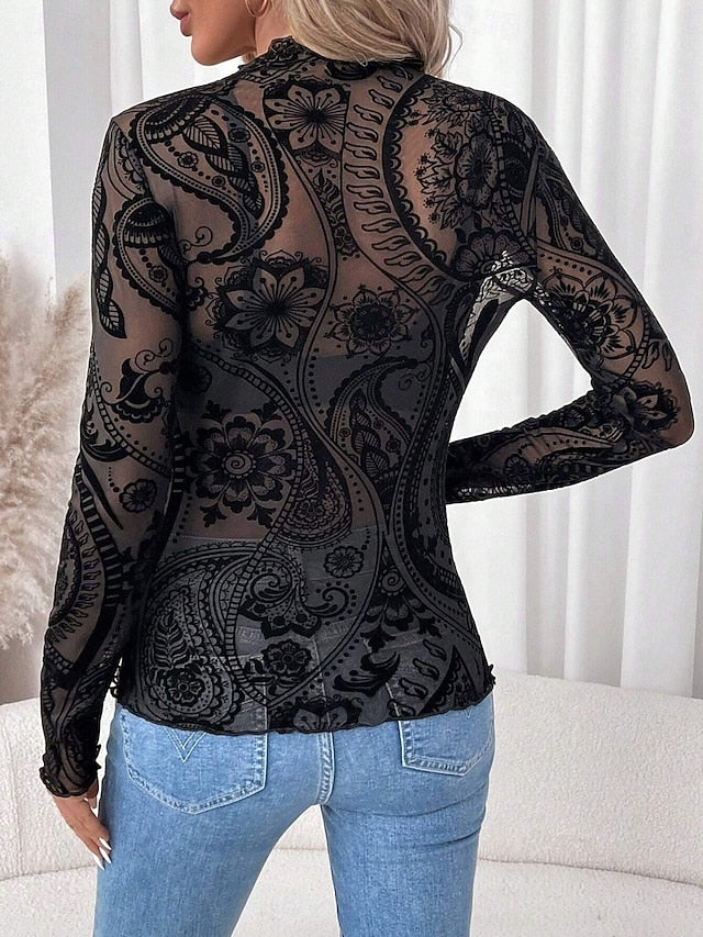 Women's Blouse Patchwork Mesh Solid Color Stylish Casual