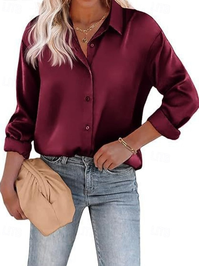 Women's Shirt Elegant Satin Top Blouse Buttons Plain