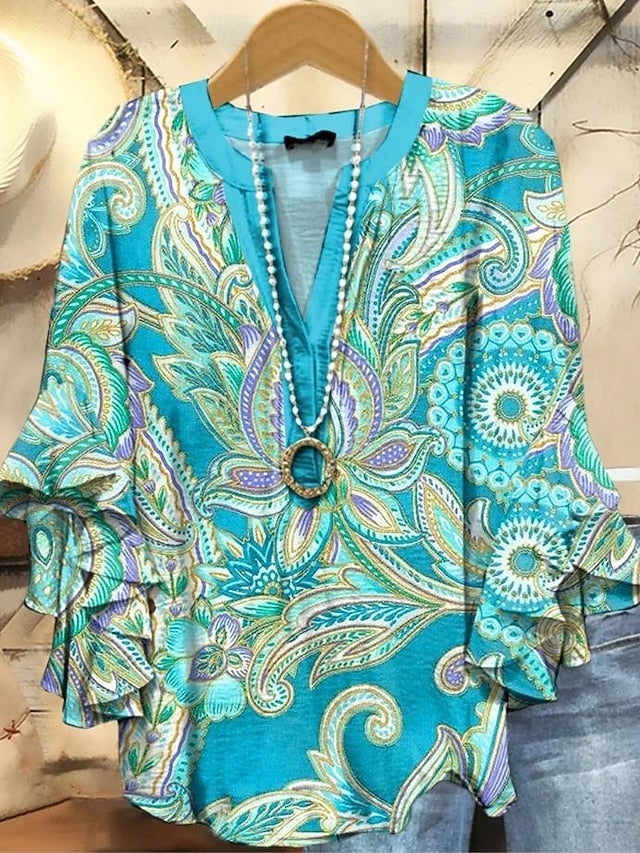 Women's Retro Blouse Layered Ruffle Sleeve Tops Vintage